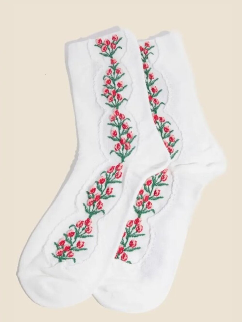 White Floral Tulip Vine Embroidered Socks